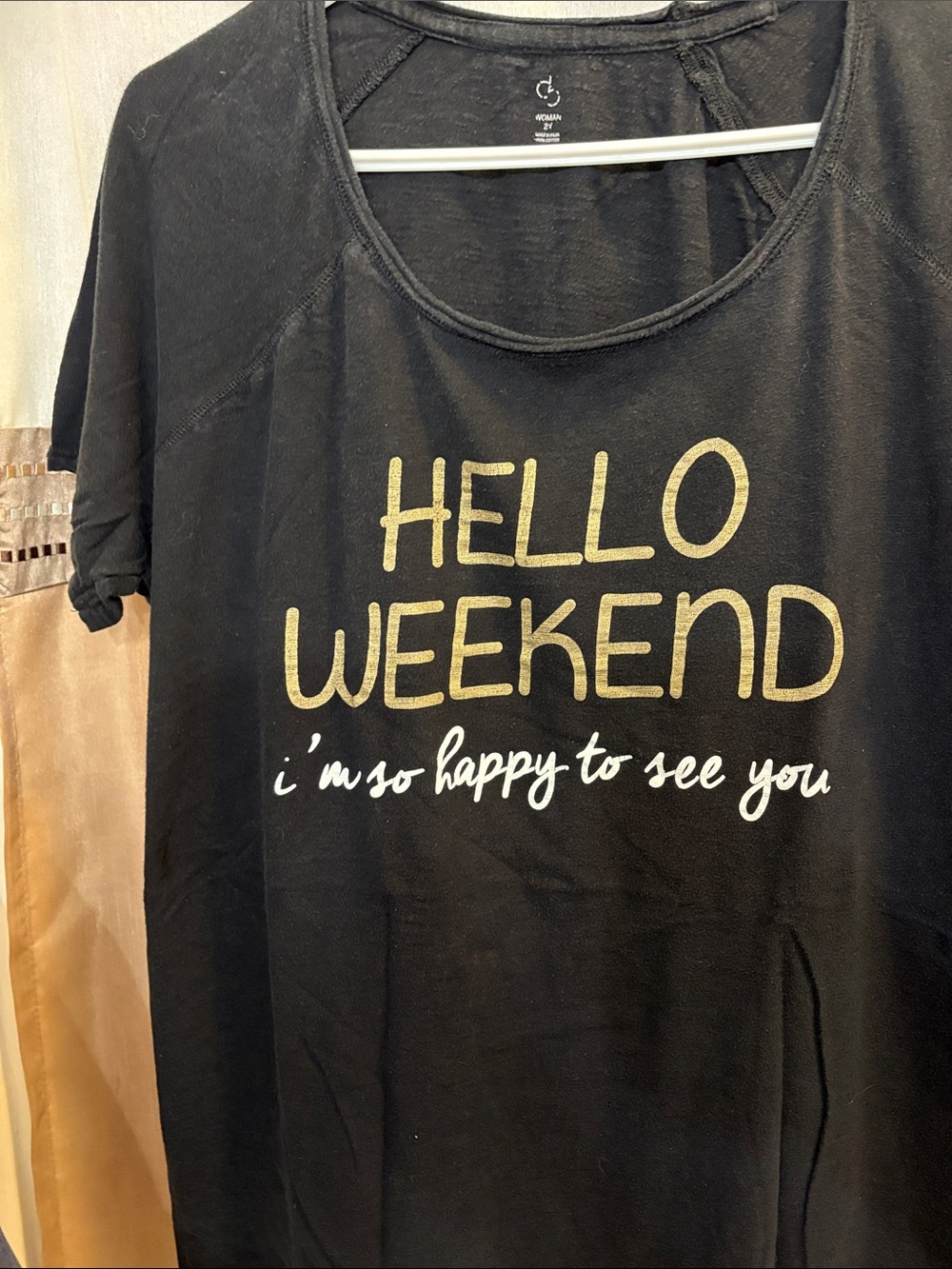 Hello Weekend Graphic PJ Top - Black with Gold & White & hot pink